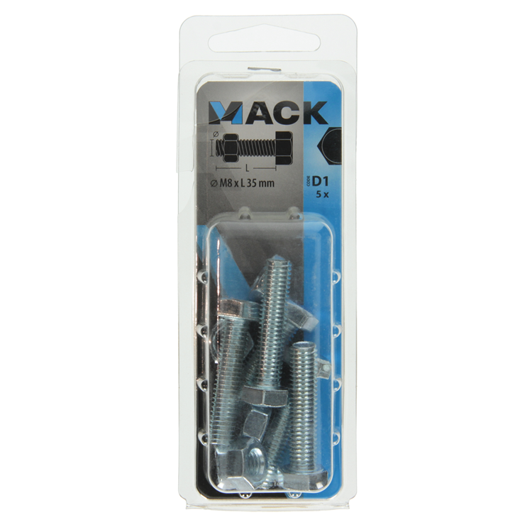 Mack 1017614 – Hahnschraube + Mutter aus verzinktem Stahl, 5 Stück, M8 x 35 mm | 5 Stück