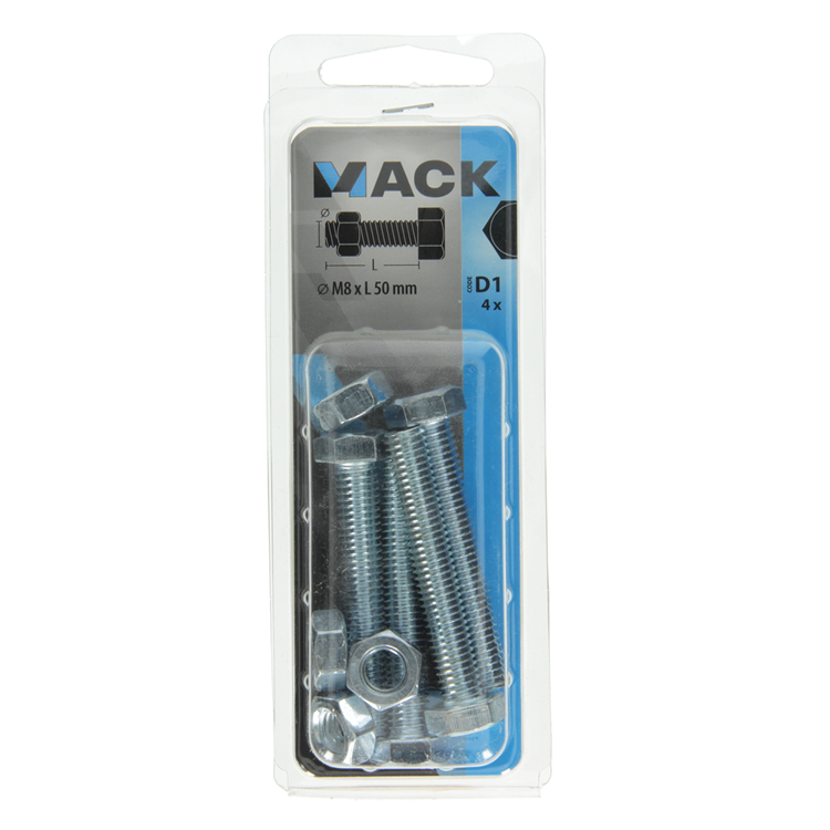 Mack 1017616 – Hahnschraube + Mutter aus verzinktem Stahl, 4 Stück, M8 x 50 mm | 10 Stück