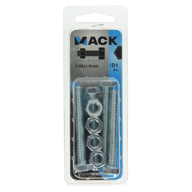 Mack 1017617 – Hahnschraube + Mutter aus verzinktem Stahl, 4 Stück, M8 x 60 mm | 10 Stück