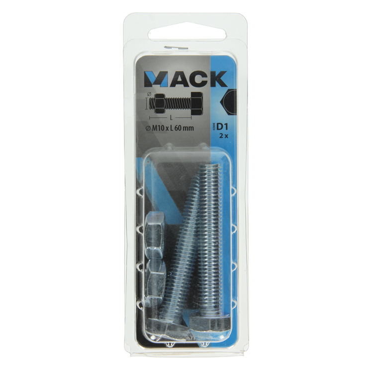 Mack 1017623 – Hahnschraube + Mutter aus verzinktem Stahl, 2 Stück, M10 x 60 mm | 5 Stück