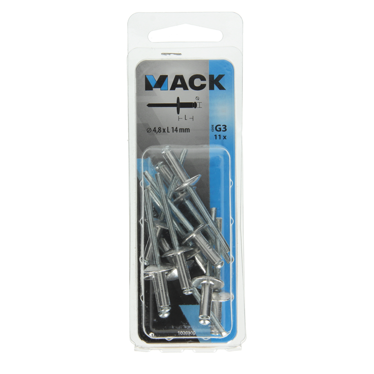 Mack 1020309 – 11 Blindklammern, Aluminium, breiter Kopf, 4,8 x 14 mm | 5 Stück