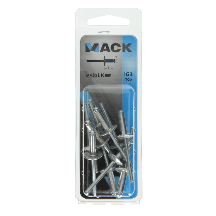 Mack 1020310 – 10 Blindklammern, Aluminium, breiter Kopf, 4,8 x 16 mm | 5 Stück