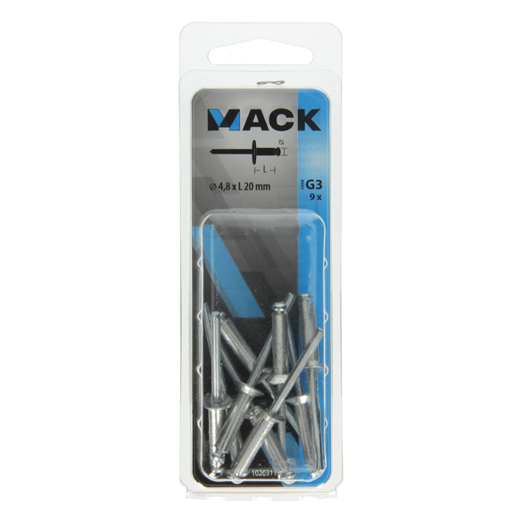 Mack 1020311 – 9 Blindklammern, Aluminium, breiter Kopf, 4,8 x 20 mm | 5 Stück