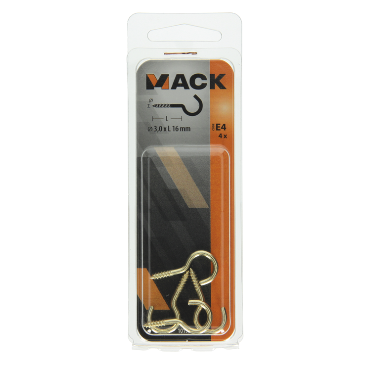 Mack 1019697 - Schraubhaken Messing 4 Stück 3,0 x 16 mm | 10 Stück