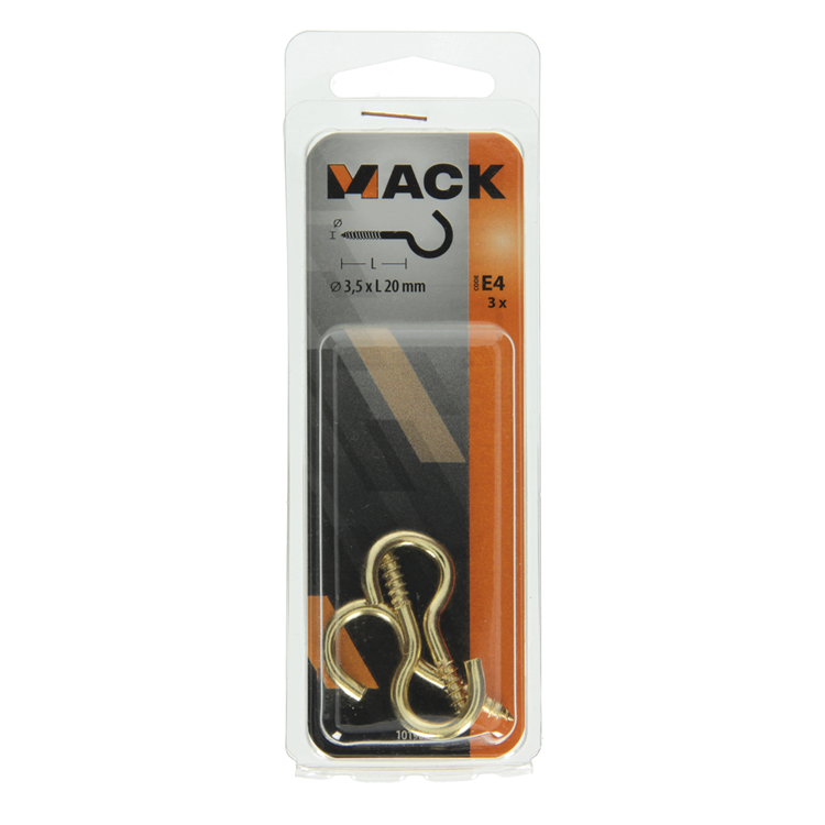 Mack 1019698 - Schraubhaken Messing 3 Stück 3,5 x 20 mm | 10 Stück