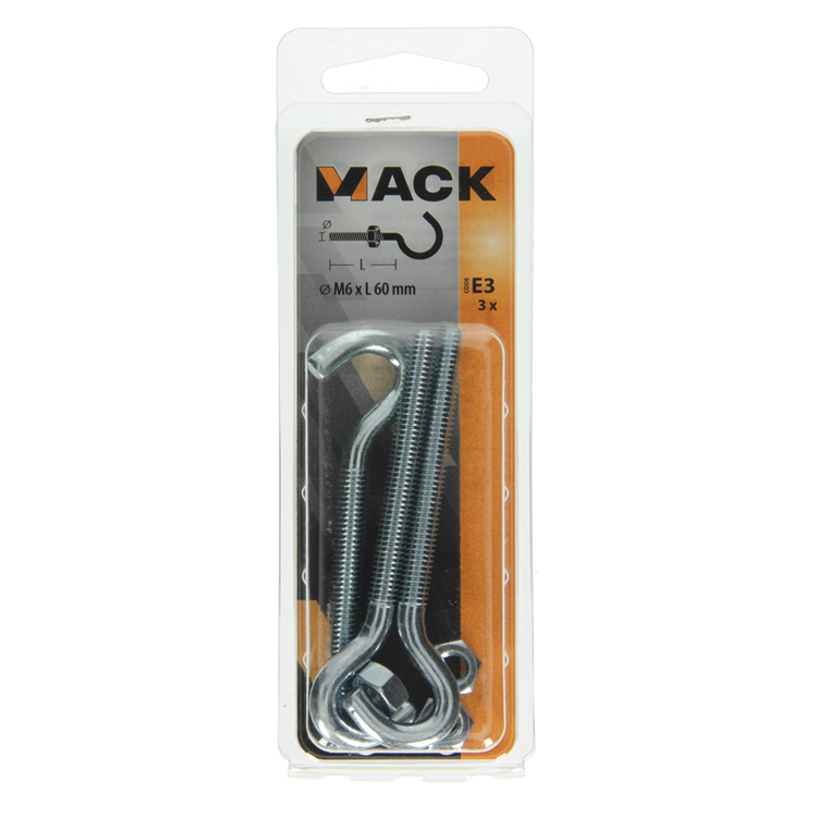 Mack 1017811 – metrischer Schraubhaken + Mutter verzinkt 3 Stück M6 x 60 mm | 10 Stück