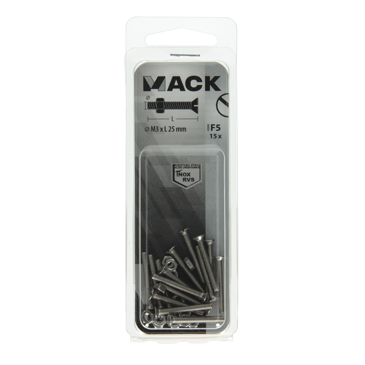 Mack 1019803 – Metallschraube verzinkt. Kopf + Mutter Edelstahl 15 Stück M3x25 | 10 Stück