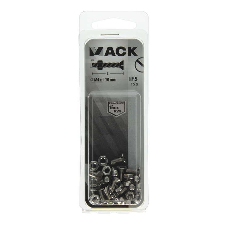 Mack 1019804 – Metallschraube verzinkt. Kopf + Mutter Edelstahl 15 Stück M4x10 | 10 Stück