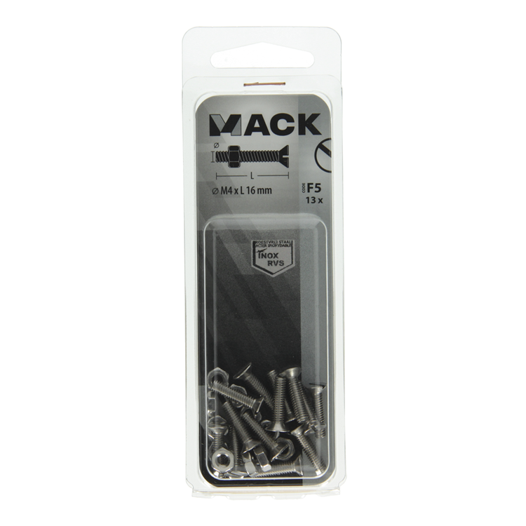 Mack 1019805 – Metallschraube verzinkt. Kopf + Mutter Edelstahl 13 Stück M4x16 | 10 Stück