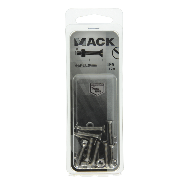 Mack 1019806 – Metallschraube verzinkt. Kopf + Mutter Edelstahl 12 Stück M4x20 | 10 Stück
