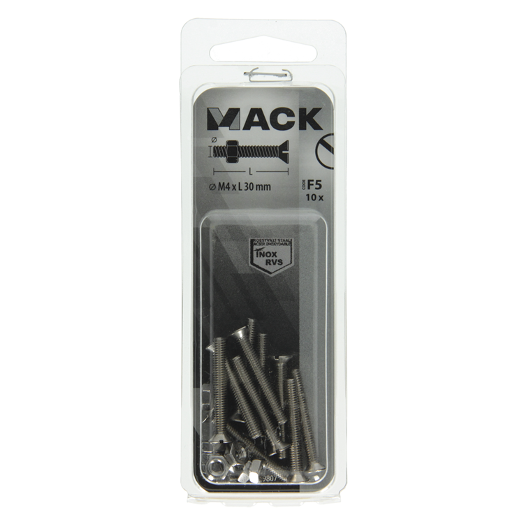 Mack 1019807 – Metallschraube verzinkt. Kopf + Mutter Edelstahl 10 Stück M4x30 | 10 Stück