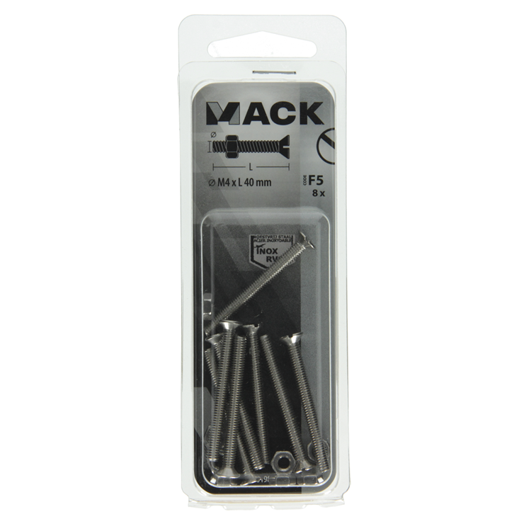 Mack 1019808 – Metallschraube verzinkt. Kopf + Mutter Edelstahl 8 Stk. M4x40 | 10 Stück