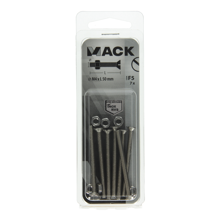 Mack 1019809 – Metallschraube verzinkt. Kopf + Mutter Edelstahl 7 Stk. M4x50 | 10 Stück