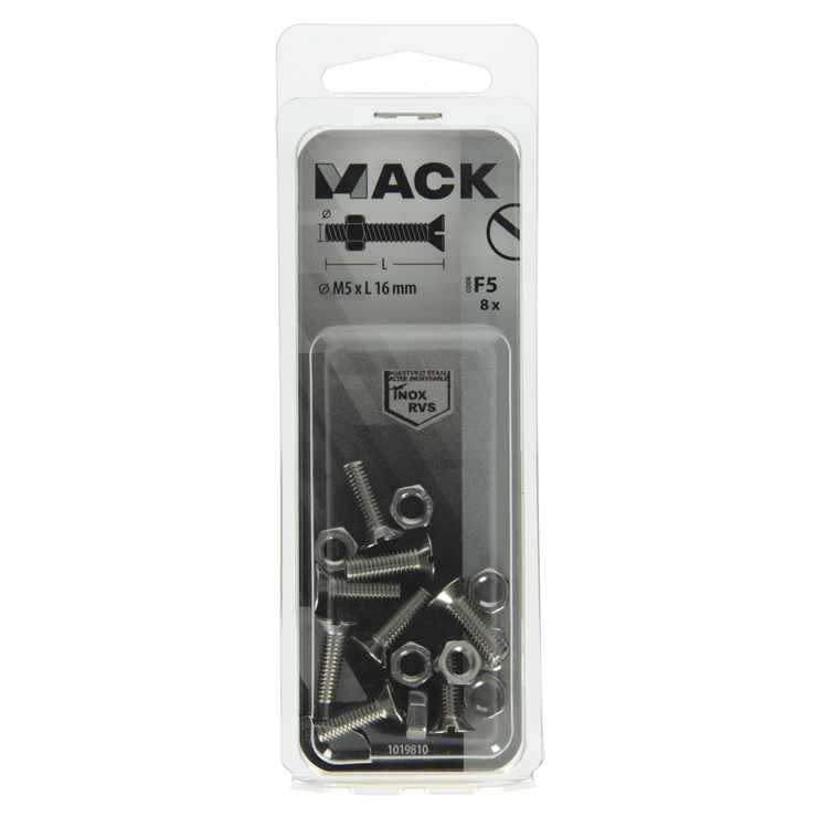 Mack 1019810 – Metallschraube verzinkt. Kopf + Mutter Edelstahl 8 Stk. M5x16 | 10 Stück