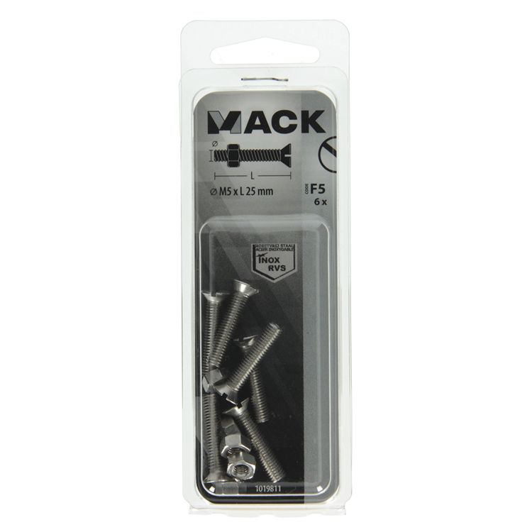 Mack 1019811 – Metallschraube verzinkt. Kopf + Mutter Edelstahl 6 Stück M5x25 | 10 Stück