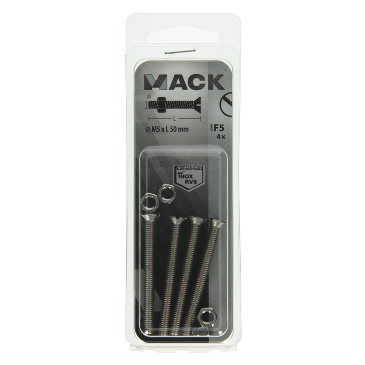 Mack 1019813 – Metallschraube verzinkt. Kopf + Mutter Edelstahl 4 Stk. M5x50 | 10 Stück