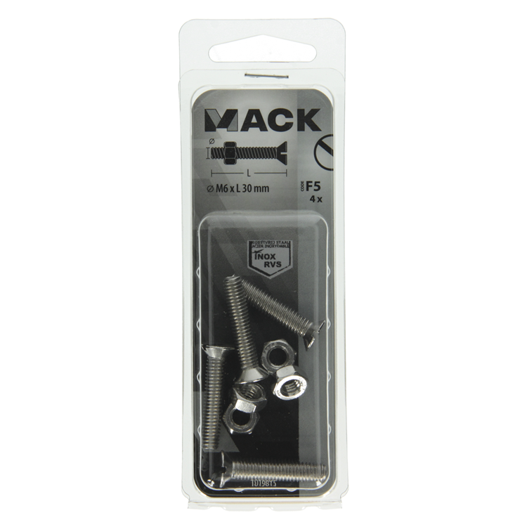Mack 1019815 – Metallschraube verzinkt. Kopf + Mutter Edelstahl 4 Stk. M6x30 | 10 Stück