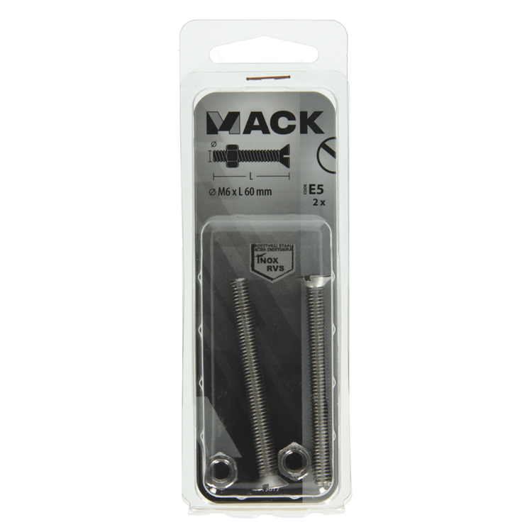 Mack 1019817 – Metallschraube verzinkt. Kopf + Mutter Edelstahl 2 Stk. M6x60 | 10 Stück