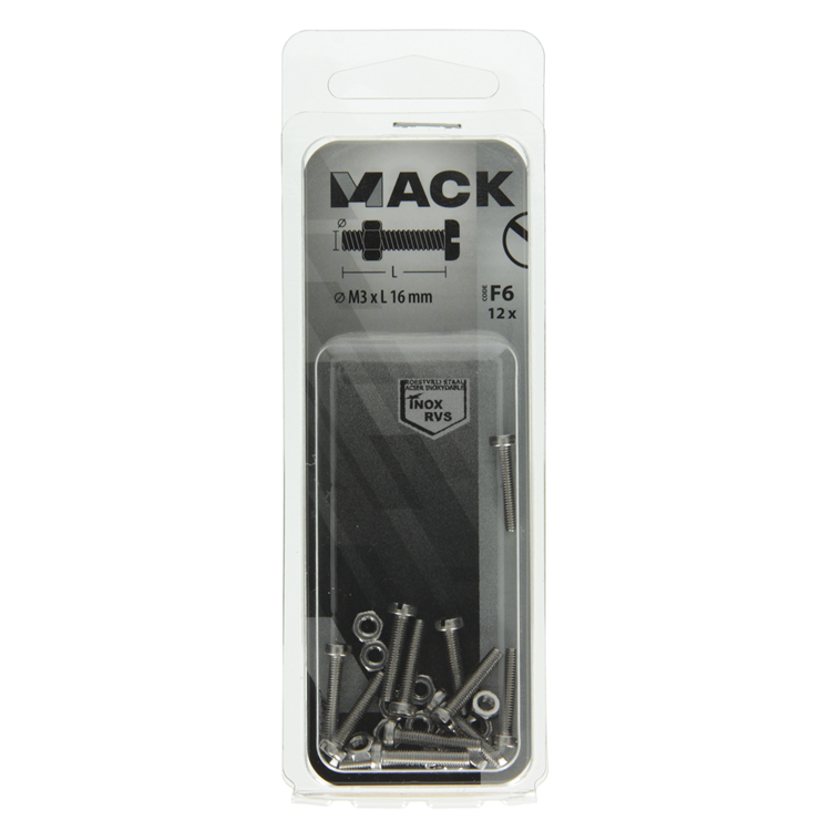 Mack 1019818 - Metallschraubzyl. Kopf + Mutter Edelstahl 12 Stück M3x16 | 10 Stück
