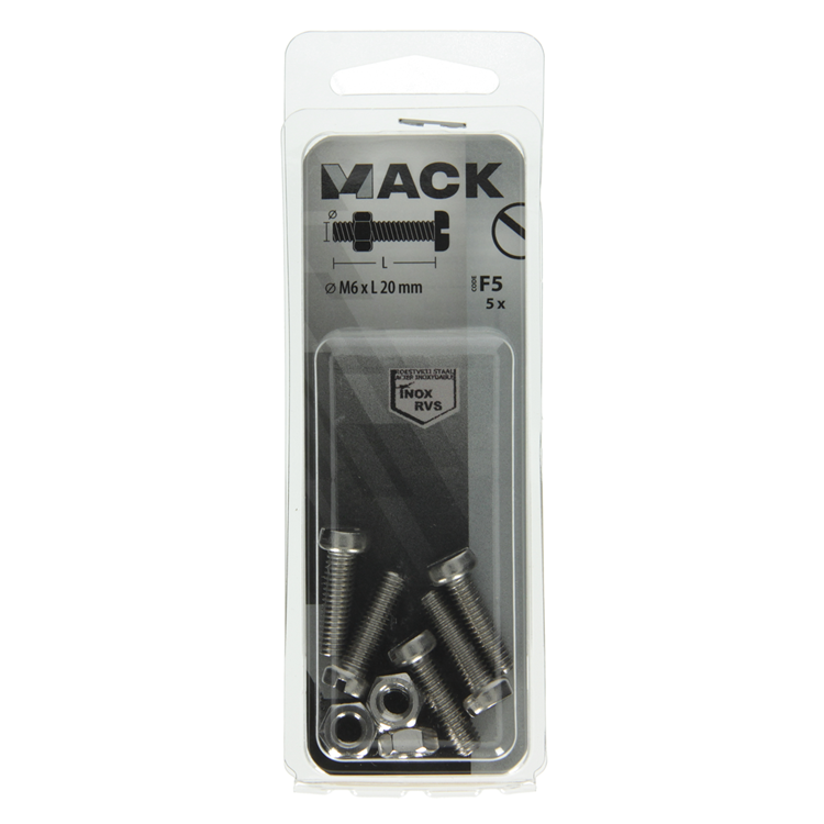 Mack 1019829 – Metallschrauben-Zyl. Kopf + Mutter Edelstahl 5 Stk. M6x20 | 10 Stück