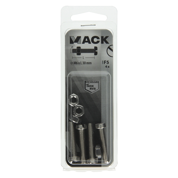 Mack 1019830 - Metallschraubzyl. Kopf + Mutter Edelstahl 4 Stk. M6x30 | 10 Stück