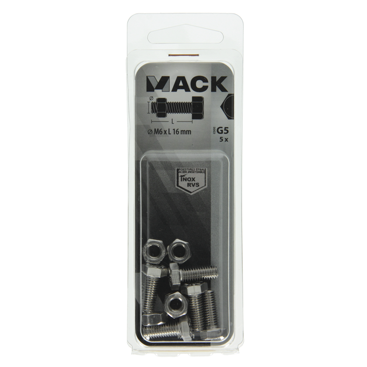 Mack 1019841 - Hahnschraube + Mutter Edelstahl 5 Stück M6x16 | 10 Stück