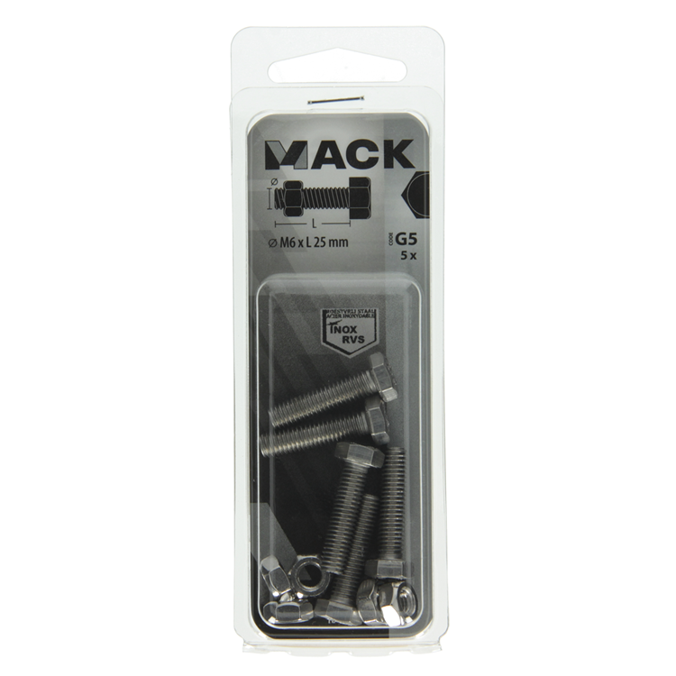 Mack 1019842 - Hahnschraube + Mutter Edelstahl 5 Stück M6x25 | 10 Stück