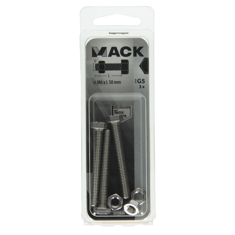 Mack 1019844 - Hahnschraube + Mutter Edelstahl 3 Stück M6x50 | 10 Stück