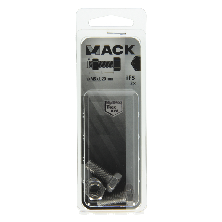 Mack 1019845 - Hahnschraube + Mutter Edelstahl 2 Stück M8x20 | 10 Stück