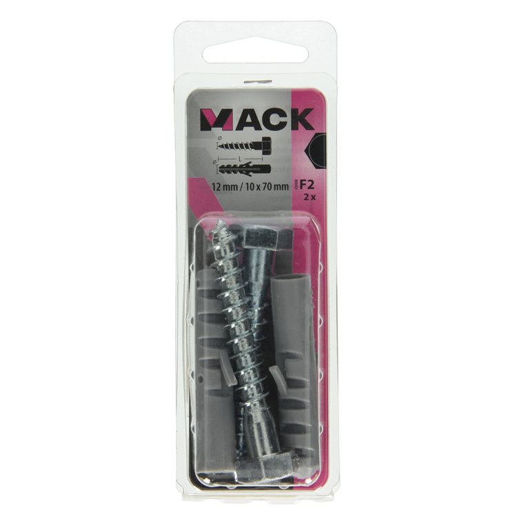 Mack 1017899 - Dübel + Holzgewindebolzen Polyeth 2 Stück 12 mm 10x70 mm | 5 Stück