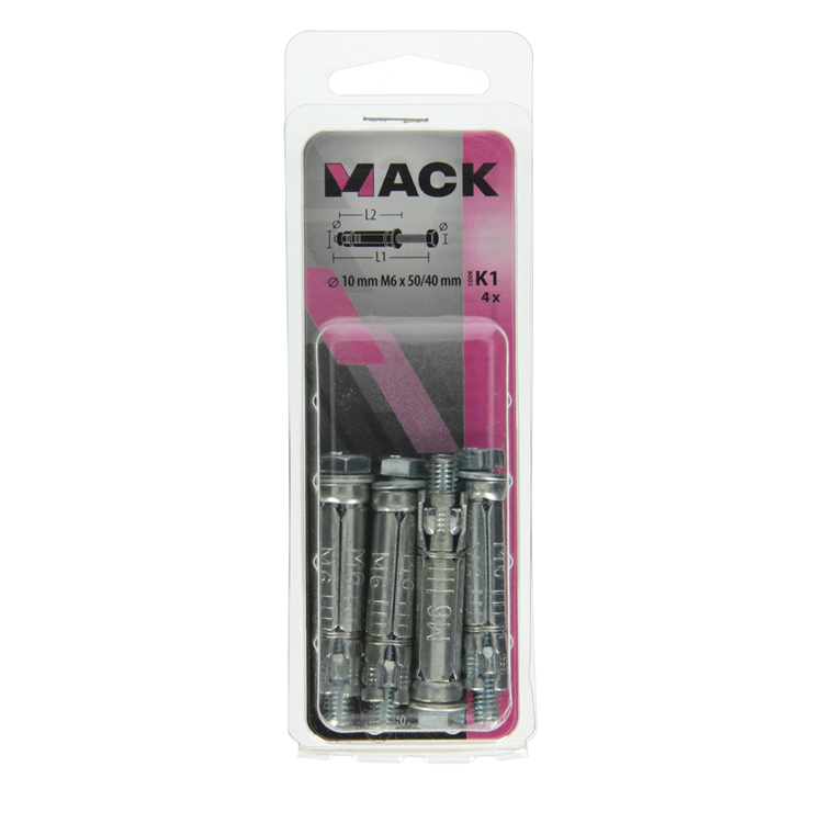 Mack 1019946 - Keilbolzen 6-kant Bolzen verzinkt 4 Stk. M6x50 | 10 Stück