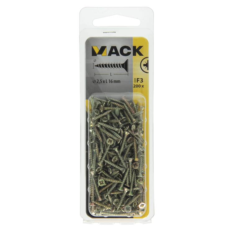 Mack 1017957 - Spanplattenschraube mit Kopf gelb plattiert 200 Stück 2,5 x 16 mm | 10 Stück