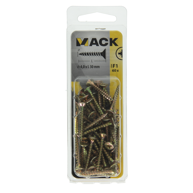 Mack 1017971 – Spanplattenschraube mit Kopf gelb beschichtet. 60 Stück 4,0 x 30 mm | 5 Stück