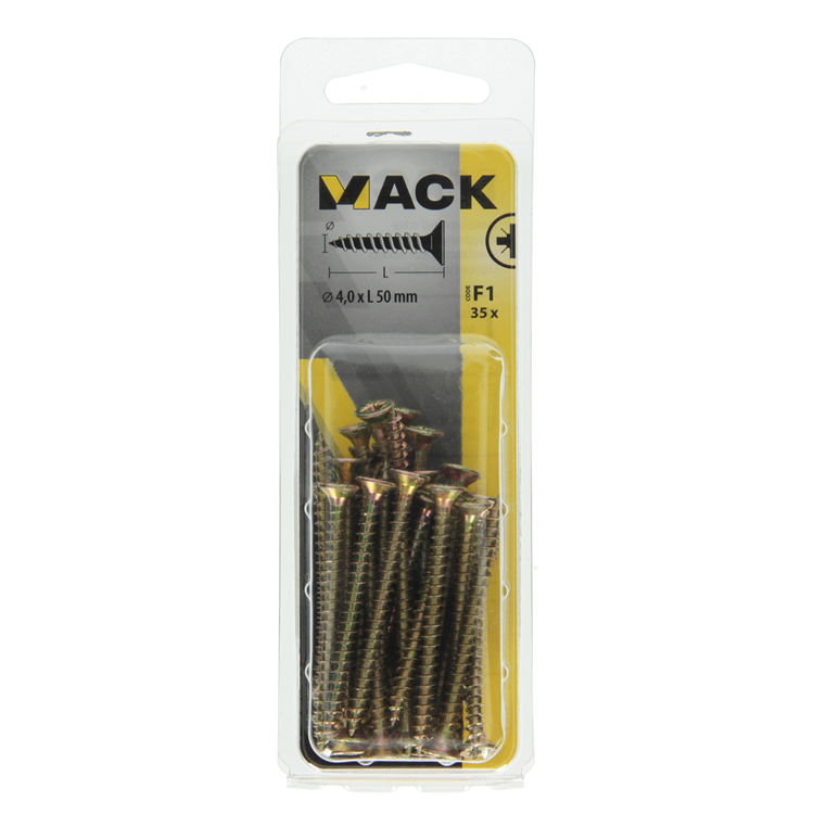 Mack 1017975 – Spanplattenschraube mit Kopf gelb beschichtet. 35 Stück 4,0 x 50 mm | 5 Stück