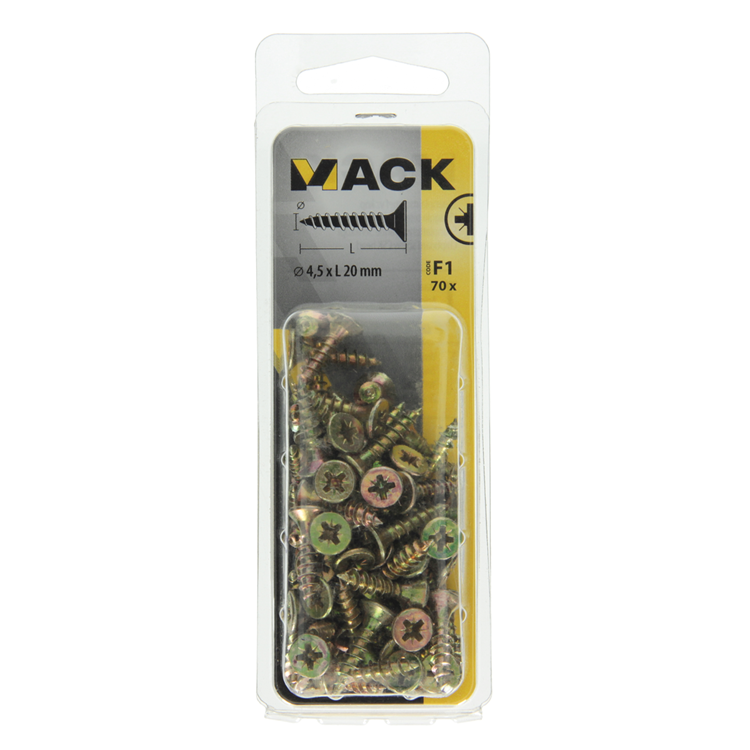 Mack 1017976 – Spanplattenschraube mit Kopf gelb beschichtet. 70 Stück 4,5 x 20 mm | 5 Stück