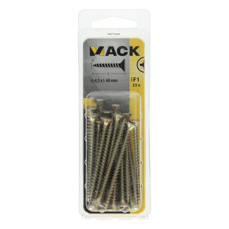Mack 1017982 – Spanplattenschraube mit Kopf gelb beschichtet. 25 Stück 4,5 x 60 mm | 5 Stück