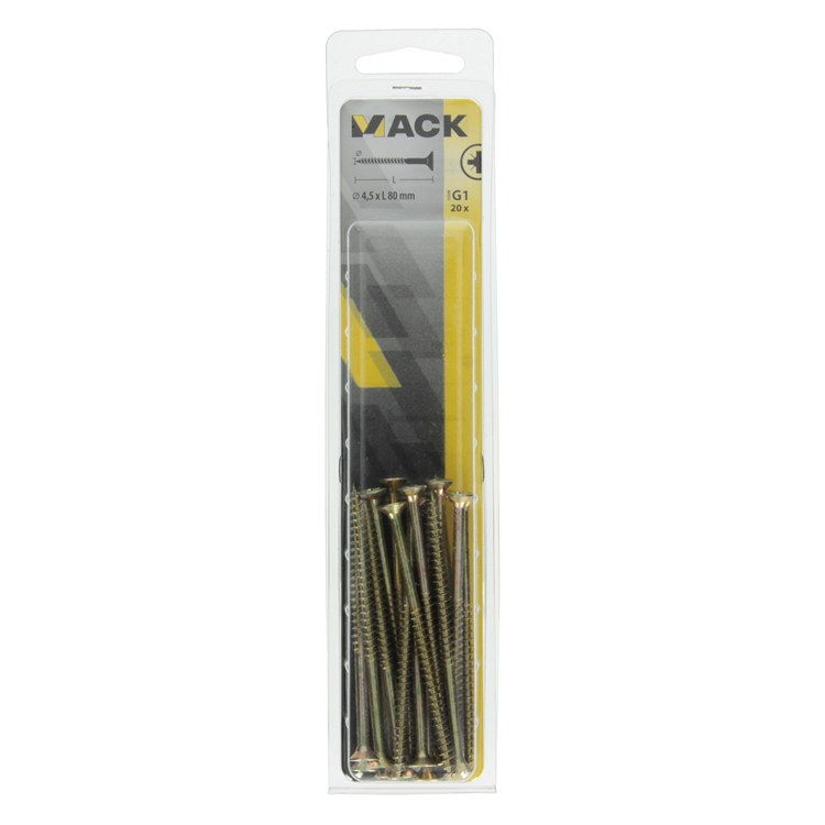 Mack 1017983 – Spanplattenschraube mit Kopf gelb beschichtet. 20 Stück 4,5 x 80 mm | 5 Stück