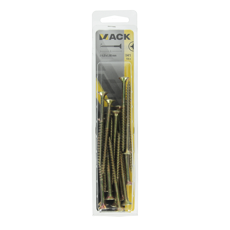 Mack 1017996 – Spanplattenschraube mit Kopf gelb beschichtet. 18 Stück 6,0 x 80 mm | 5 Stück
