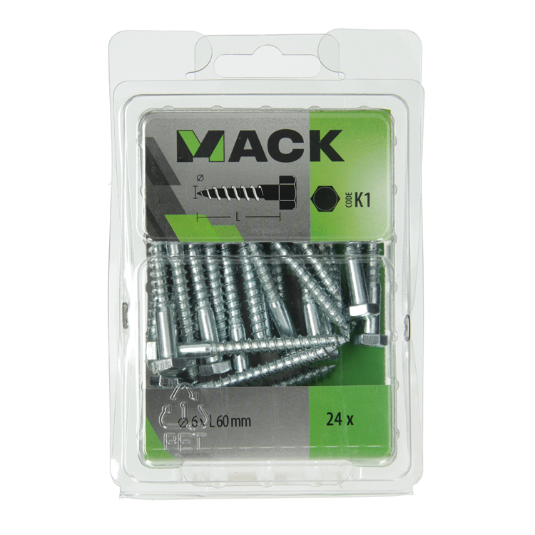 Mack 1018041 - Holzgewindebolzen Stahl verzinkt 24 Stück 6 x 60 mm | 5 Stück