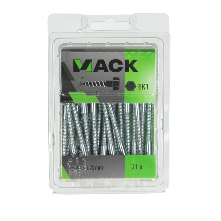 Mack 1018042 - Holzgewindebolzen Stahl verzinkt 21 Stück 6 x 70 mm | 5 Stück