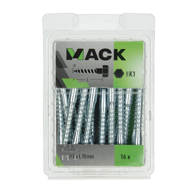 Mack 1018051 - Holzgewindebolzen verzinkter Stahl 16 Stück 8 x 70 mm | 5 Stück