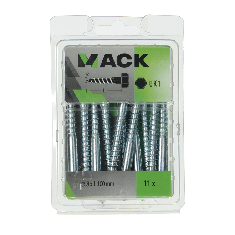 Mack 1018053 - Holzgewindebolzen Stahl verzinkt 11 Stück 8 x 100 mm | 5 Stück