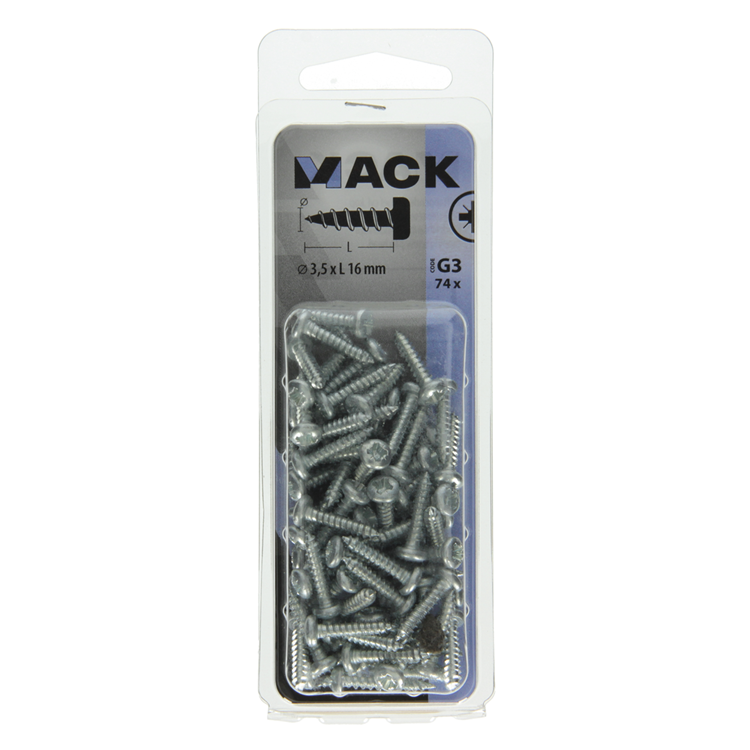 Mack 1018059 – selbstschneidende Schraube mit Zylinderkopf, verzinkt. 74 Stück 3,5 x 16 mm | 10 Stück