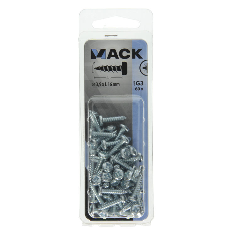 Mack 1018063 – selbstschneidende Schraube mit Zylinderkopf, verzinkt. 60 Stück 3,9 x 16 mm | 5 Stück