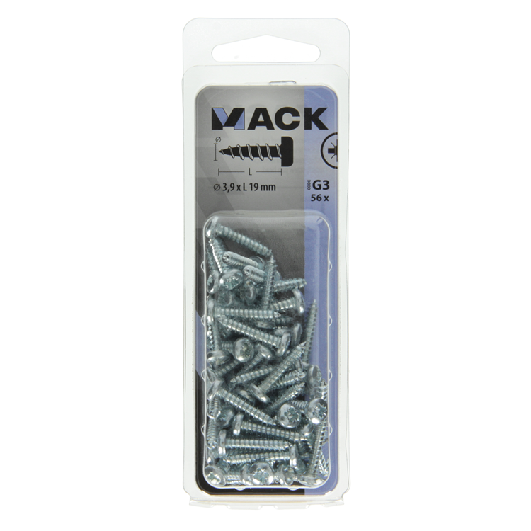 Mack 1018064 – selbstschneidende Schraube mit Zylinderkopf, verzinkt. 56 Stück 3,9 x 19 mm | 5 Stück