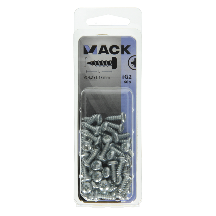 Mack 1018066 – selbstschneidende Schraube mit Zylinderkopf, verzinkt. 60 Stück 4,2 x 13 mm | 5 Stück