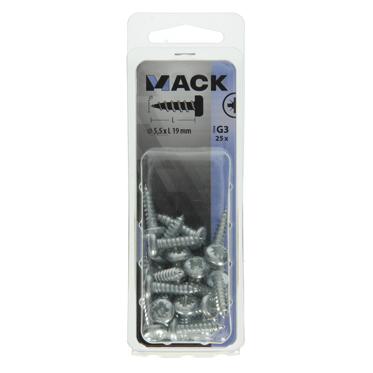 Mack 1018077 – selbstschneidende Schraube mit Zylinderkopf, verzinkt. 25 Stück 5,5 x 19 mm | 5 Stück