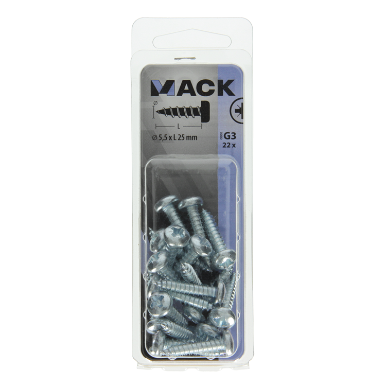 Mack 1018078 – selbstschneidende Schraube mit Zylinderkopf, verzinkt. 22 Stück 5,5 x 25 mm | 5 Stück