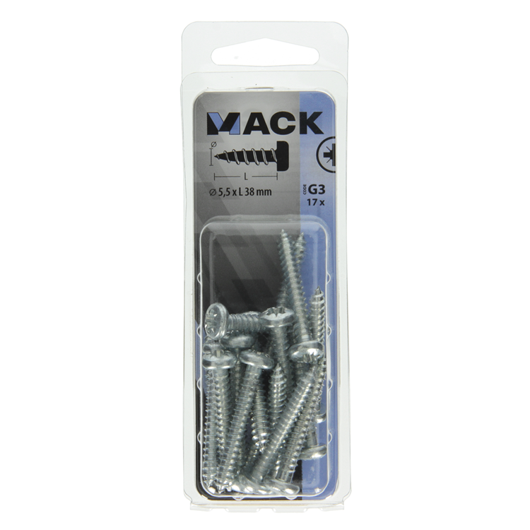 Mack 1018079 – selbstschneidende Schraube mit Zylinderkopf, verzinkt. 17 Stück 5,5 x 38 mm | 5 Stück