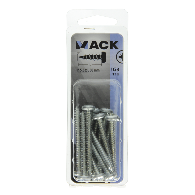 Mack 1018080 – selbstschneidende Schraube mit Zylinderkopf, verzinkt. 13 Stück 5,5 x 50 mm | 5 Stück